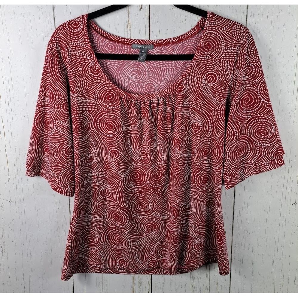 APT 9 Size XL Womens Red White Print Short Sleeve Stretch Blouse